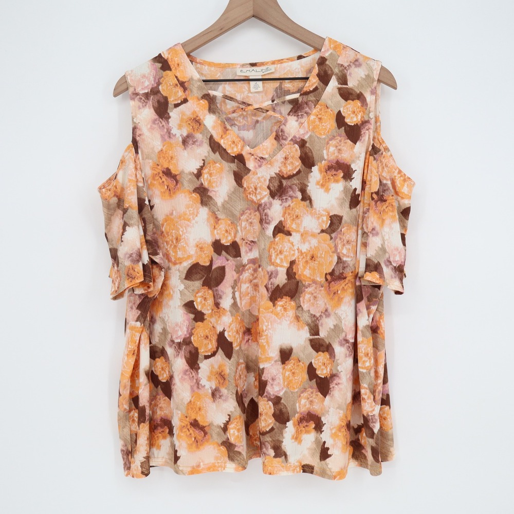Emaline Blouse Womens 2X Cold Shoulder Orange Floral Strappy V-Neck Excellent